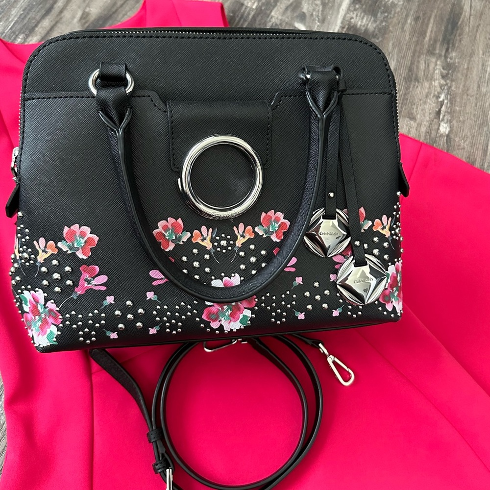 Calvin Klein Black Floral Saffiano Leather Handbag/ Crossbody